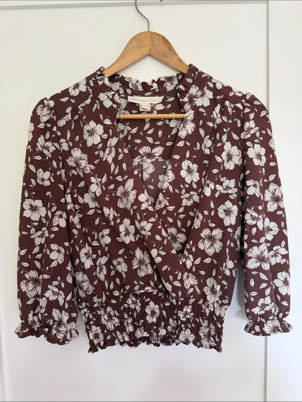 Monteau LA Brown Floral Wrap Blouse with Smocked Waist